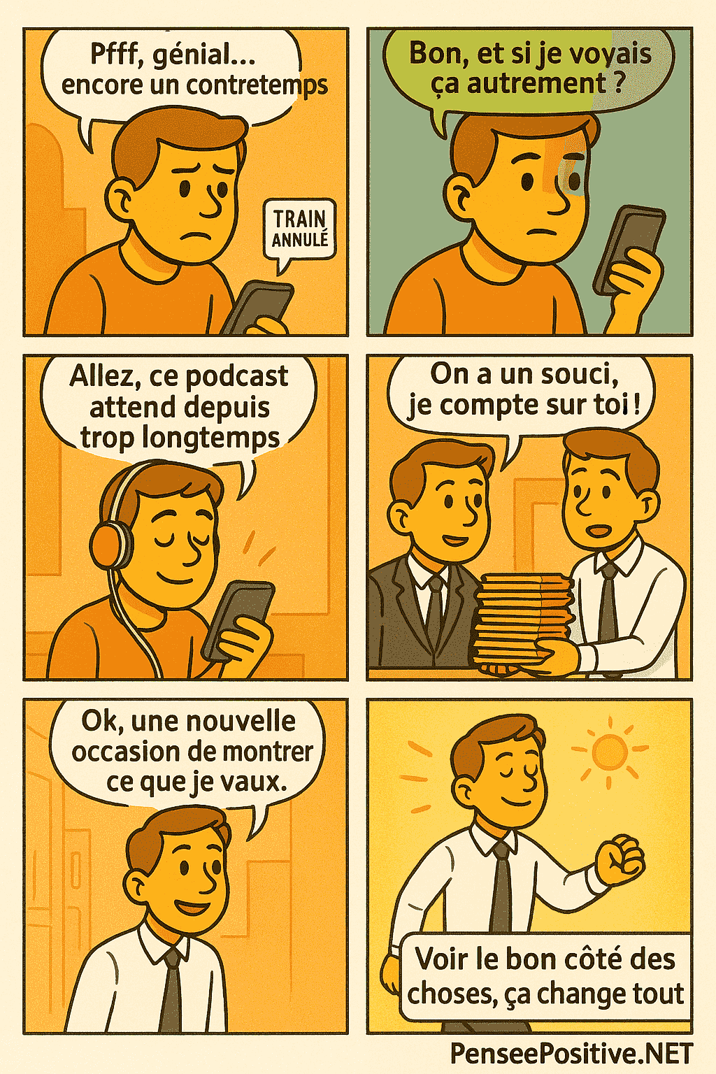 Le guide de la pensée positive 3 Bande dessinée en 6 cases illustrant la pensée positive avec un style cartoon coloré. Le personnage principal, d’abord contrarié par un train annulé, change de perspective grâce à un filtre magique arc-en-ciel. Il transforme les imprévus en opportunités : écoute d’un podcast, résolution d’un problème au travail, et adopte une attitude confiante. Texte final : "Voir le bon côté des choses, ça change tout.