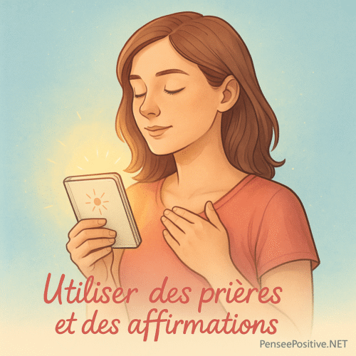 🧿 Comment se protéger du mauvais œil : 9 méthodes efficaces et faciles 4 Femme récitant une prière ou une affirmation positive, illustration semi-réaliste sur fond pastel lumineux, geste de connexion intérieure