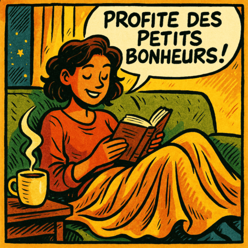 Illustration BD d’une femme relaxée sur un canapé, lisant un livre avec une tasse de thé, sous un plaid, devant une fenêtre étoilée. Ambiance cosy et message positif : 'Profite des petits bonheurs !' – une invitation à profiter de la vie.