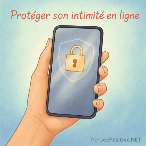 🧿 Comment se protéger du mauvais œil : 9 méthodes efficaces et faciles 9 Main féminine tenant un smartphone avec un symbole de protection pour sécuriser son intimité sur les réseaux sociaux