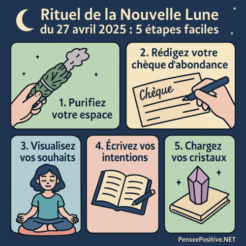 Nouvelle Lune 27 avril 2025 : guide complet pour surfer sur ses énergies positives 4 les 5 étapes du rituel de la Nouvelle Lune du 27 avril 2025 : purification, chèque d'abondance, visualisation, écriture d'intentions, chargement des cristaux.