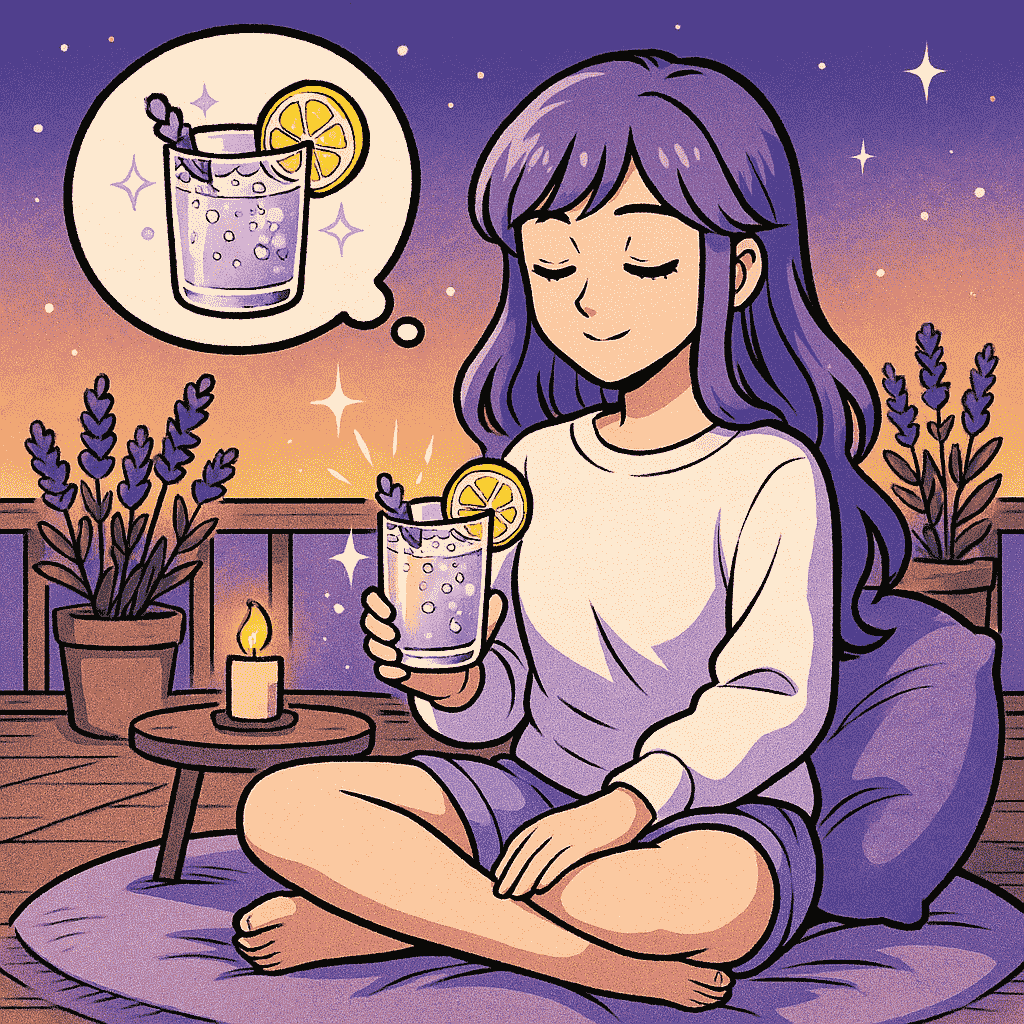 Le Mocktail Citron-Lavande : Une Boisson Sans Alcool pour Vous Détendre 🍋🪻 5 Illustration comic carrée d’une jeune femme avec un mocktail citron-lavande violet pâle sur une terrasse fleurie