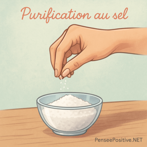 🧿 Comment se protéger du mauvais œil : 9 méthodes efficaces et faciles 5 Main féminine versant du sel dans un bol en verre pour un rituel de purification contre le mauvais œil, illustration semi-réaliste sur fond pastel.