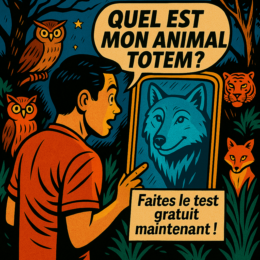 Test : quel est mon animal totem ? Faites le quiz ! 2 un homme découvrant son animal totem, un loup bleu, dans un miroir magique, entouré d’animaux spirituels comme un renard, un tigre et des hiboux, dans une forêt mystique de nuit – test animal totem