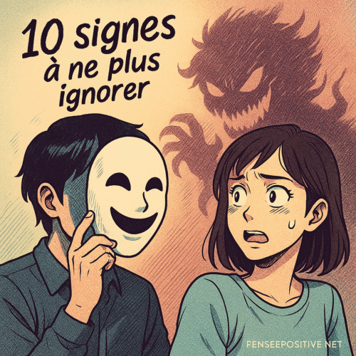 Illustration des 10 signes d'une personne toxique : un individu porte un masque souriant cachant sa vraie nature, projetant une ombre inquiétante, tandis qu’une femme découvre la supercherie avec inquiétude.