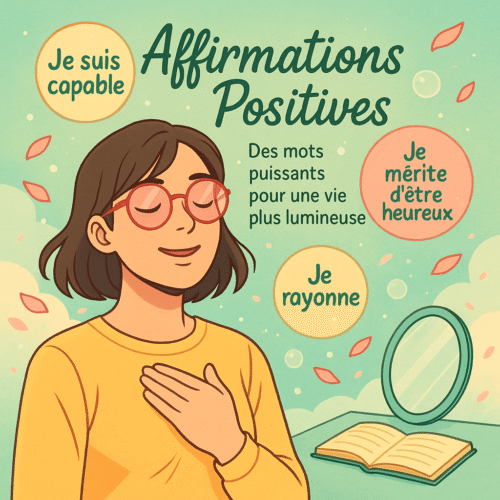 Une femme aux lunettes roses récitant des affirmations positives, entourée de bulles de texte motivantes comme 