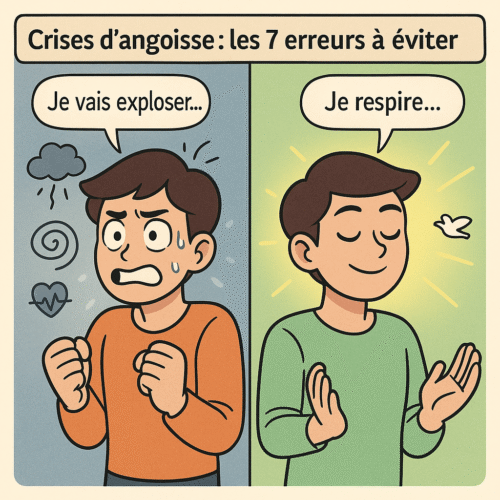 Illustration représentant les deux états émotionnels d'une personne confrontée à une crise d’angoisse, utilisée pour l’article "crises d'angoisses : les 7 erreurs à éviter"— à gauche, la panique ; à droite, l'apaisement après avoir adopté les bons réflexes.