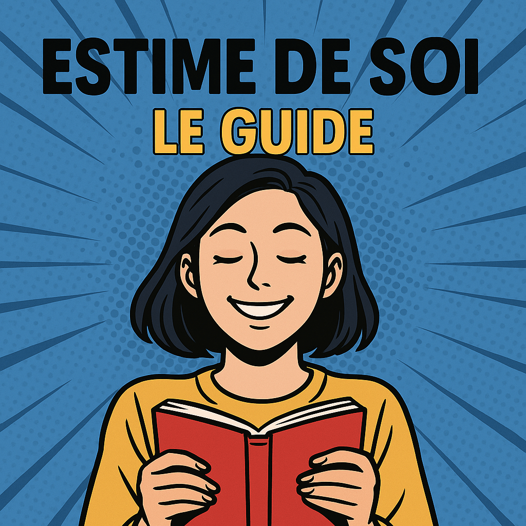 Estime de soi : le guide – illustration comic d'une femme souriante lisant un livre rouge sur fond bleu vibrant