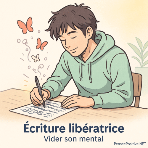 5 exercices simples pour chasser les pensées négatives (testés & approuvés) 5 Exercice pour chasser les pensées négatives par l’écriture : illustration manga d’un homme en hoodie écrivant sur une feuille, pendant que des papillons s’envolent symboliquement de ses pensées.