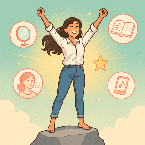 Exercices D'estime de soi : le guide complet pour vous booster ! 3 Une femme confiante célèbre ses réussites, bras levés au sommet d’un rocher, illustrant un exercice estime de soi avec des icônes de journal, miroir, respiration et musique.