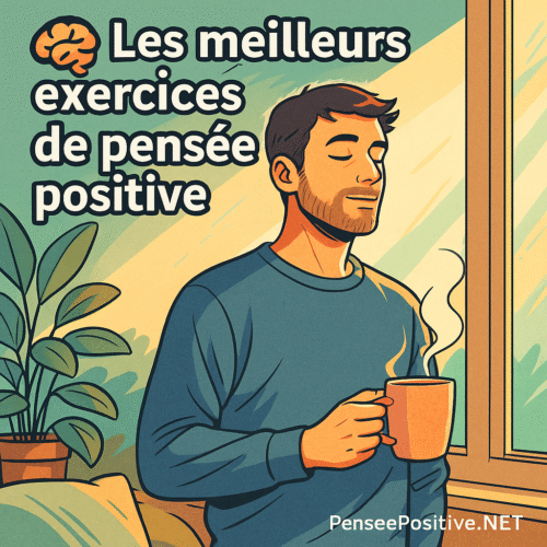 Homme détendu près d’une fenêtre, tenant une tasse, pratiquant un exercice de pensée positive avec lumière naturelle et ambiance apaisante.