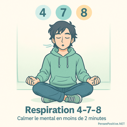 5 exercices simples pour chasser les pensées négatives (testés & approuvés) 3 Exercice pour chasser les pensées négatives avec la respiration 4-7-8 : illustration manga d’un homme en tailleur, yeux fermés, pratiquant la respiration consciente avec des bulles numérotées 4, 7 et 8.