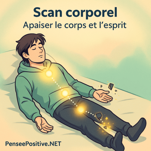 5 exercices simples pour chasser les pensées négatives (testés & approuvés) 6 Exercice pour chasser les pensées négatives avec un scan corporel : illustration style manga d’un homme allongé, les yeux fermés, pendant qu’une lumière douce parcourt les zones de son corps et dissout des tensions symbolisées par des cristaux sombres.