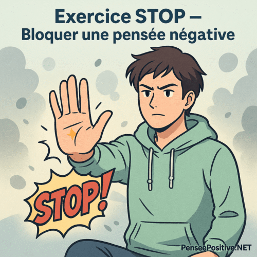 5 exercices simples pour chasser les pensées négatives (testés & approuvés) 4 Exercice pour chasser les pensées négatives illustré en style manga : un homme lève la main avec fermeté en disant STOP, repoussant une pensée parasite représentée par des nuages sombres.