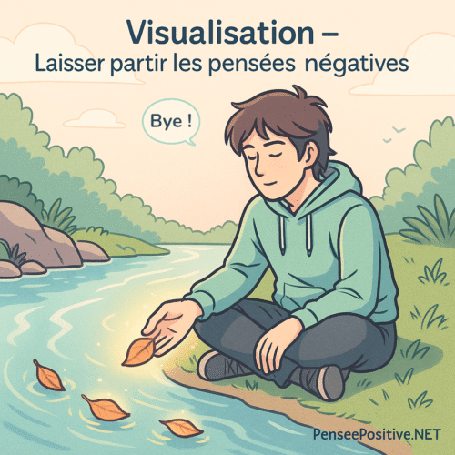 5 exercices simples pour chasser les pensées négatives (testés & approuvés) 7 illustration style manga d’un homme assis au bord d’une rivière, laissant une feuille glisser sur l’eau pour symboliser le lâcher-prise mental.