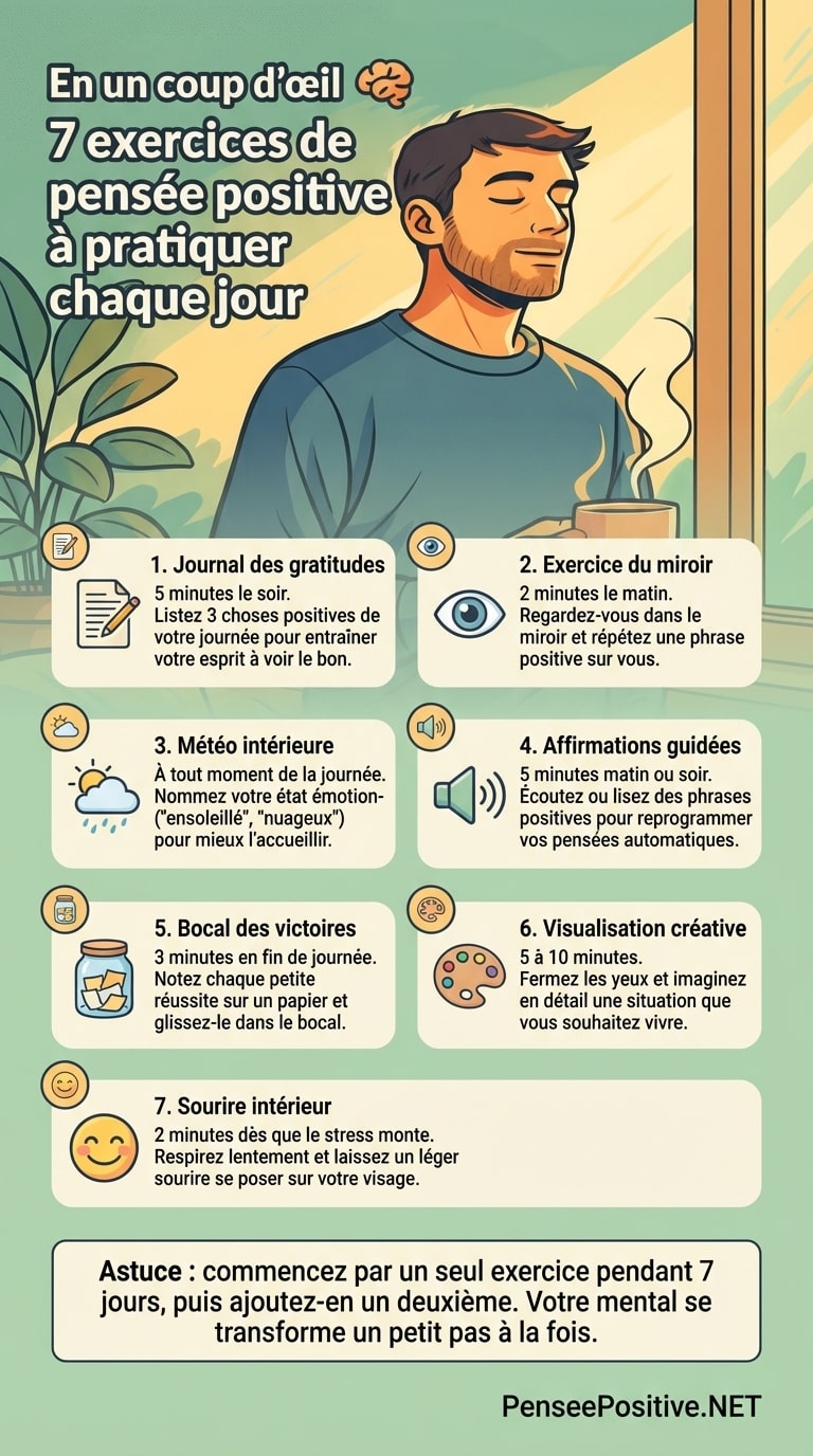 🧠 7 exercices de pensée positive qui m’ont vraiment aidé (et que vous pouvez essayer dès aujourd’hui) 3 Infographie illustrée présentant 7 exercices de pensée positive à pratiquer chaque jour, avec un homme serein tenant une tasse et des icônes pour chaque exercice, sur PenseePositive.NET