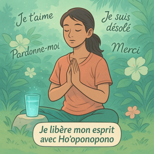 Une femme polynésienne méditant avec un verre d’eau Ho’oponopono dans un décor tropical, entourée des phrases clés 