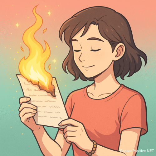 Lettre de libération : le guide ultime pour se libérer émotionnellement 2 Une femme souriante réalise un rituel de libération en brûlant une lettre, symbole de légèreté émotionnelle et de développement personnel.