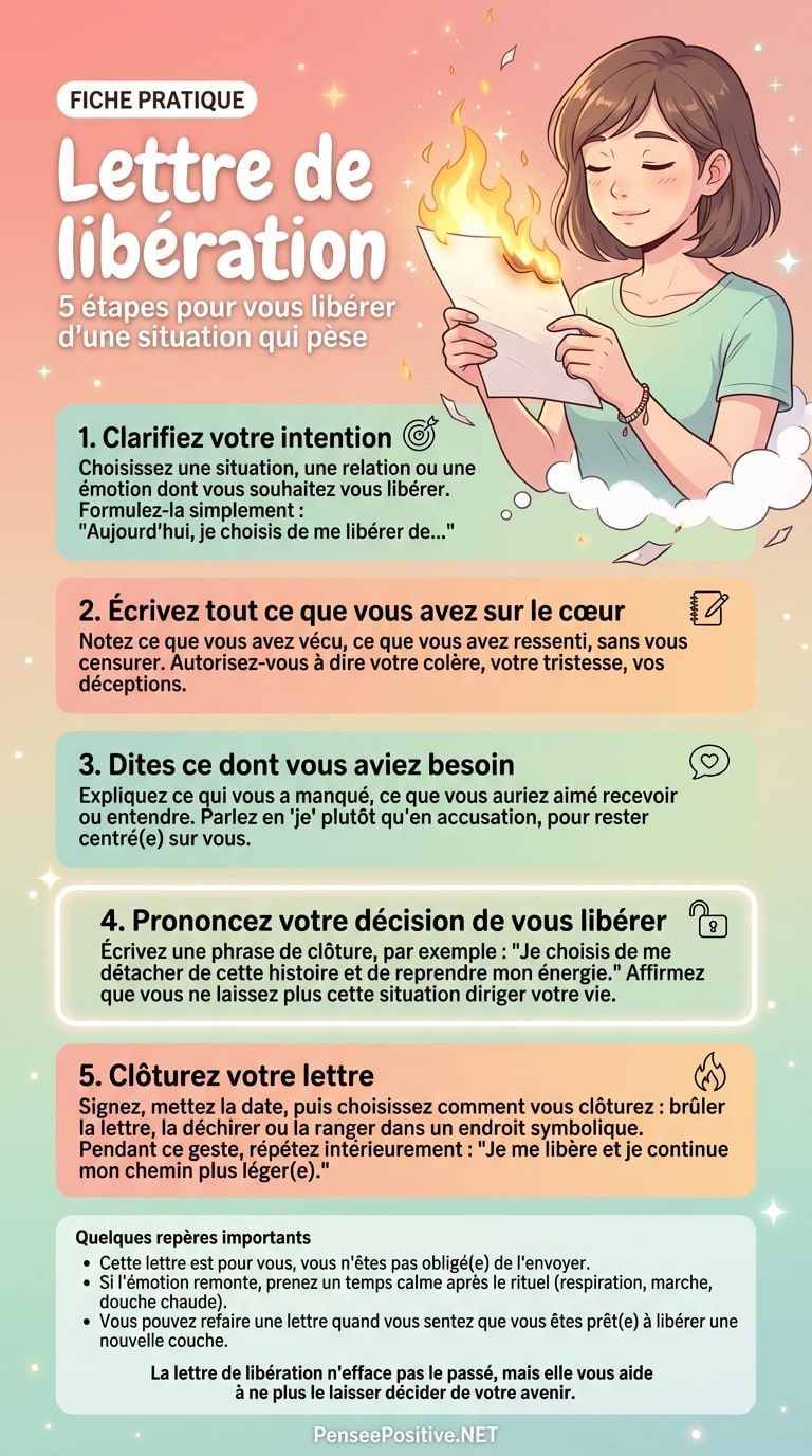 Lettre de libération : le guide ultime pour se libérer émotionnellement 3 Infographie illustrée expliquant comment écrire une lettre de libération en 5 étapes, avec une femme sereine qui brûle symboliquement sa lettre pour se libérer d’une situation lourde*