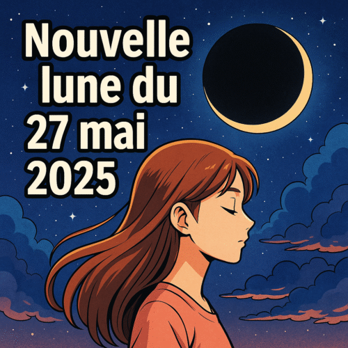 Illustration style manga d’une jeune femme les yeux fermés sous un ciel étoilé, avec une nouvelle lune et le texte “Nouvelle lune du 27 mai 2025”