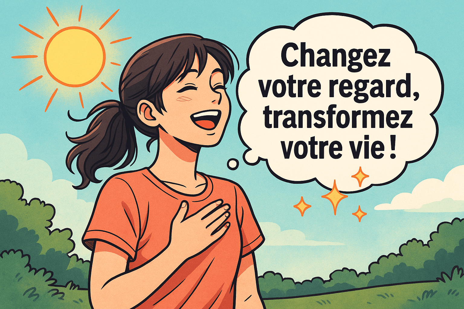 Femme souriante cultivant la pensée positive sous un ciel ensoleillé, avec le message