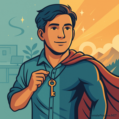 Qualités d’un Leader : Découvrez les 14 Incontournables (Avec Test de Leadership Gratuit) 2 personnage inspirant révélant son potentiel de leader, style manga semi-réaliste, fond bureau et montagne, clé dorée en main, image à la une pour article sur les qualités d’un leader.