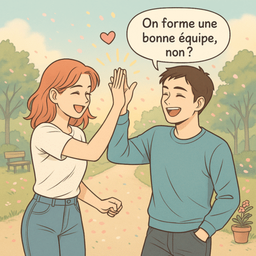 Test Amour Couple : Le quiz qui peut changer votre vision de votre relation 💔💖 5 un couple adulte complice se donnant un high-five, représentant une relation amoureuse épanouie dans le cadre d’un love test. L’image évoque la joie, la connexion émotionnelle et l’équilibre affectif.