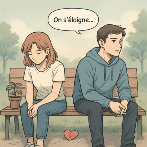 Test Amour Couple : Le quiz qui peut changer votre vision de votre relation 💔💖 3 Illustration style manga d’un couple adulte assis sur un banc, visiblement distant, représentant une relation fragile et la perte de connexion dans un test amour couple. L’image évoque les signes de tension, de silence et de doute qui peuvent émerger dans une relation amoureuse en difficulté.