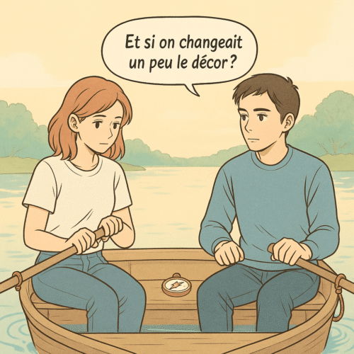 Test Amour Couple : Le quiz qui peut changer votre vision de votre relation 💔💖 4 Illustration style manga d’un couple adulte dans une barque sur un lac calme, symbolisant une relation stable mais routinière Les personnages rament côte à côte sans se regarder, illustrant la complicité en veille et le besoin de raviver le lien.