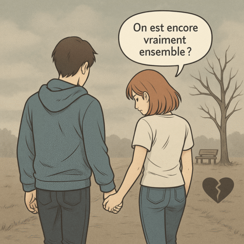 Test Amour Couple : Le quiz qui peut changer votre vision de votre relation 💔💖 6 Un couple adulte marchant côte à côte sans se regarder, symbolisant une relation toxique ou stérile dans le cadre d’un test amour couple. L’ambiance froide et distante reflète l’absence de connexion émotionnelle et le mal-être silencieux dans la vie de couple.