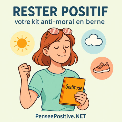 Jeune femme souriante avec des lunettes roses, tenant un carnet “Gratitude” et entourée d’icônes bien-être, illustrant l’idée de rester positif au quotidien.