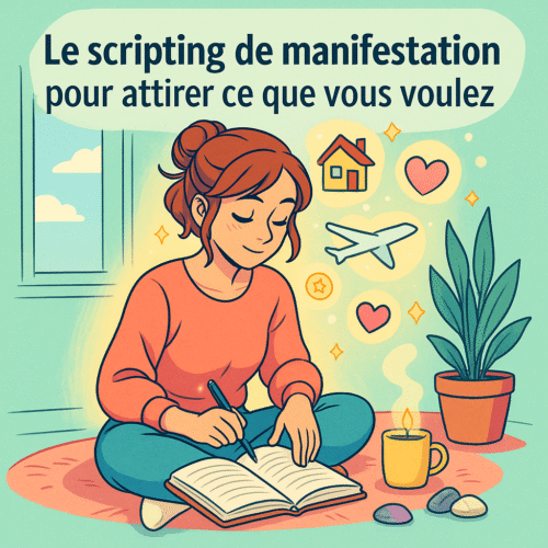 Femme qui pratique le scripting de manifestation, assise en tailleur dans un espace cosy, écrivant dans un carnet entourée de symboles de ses désirs (maison, cœur, avion)