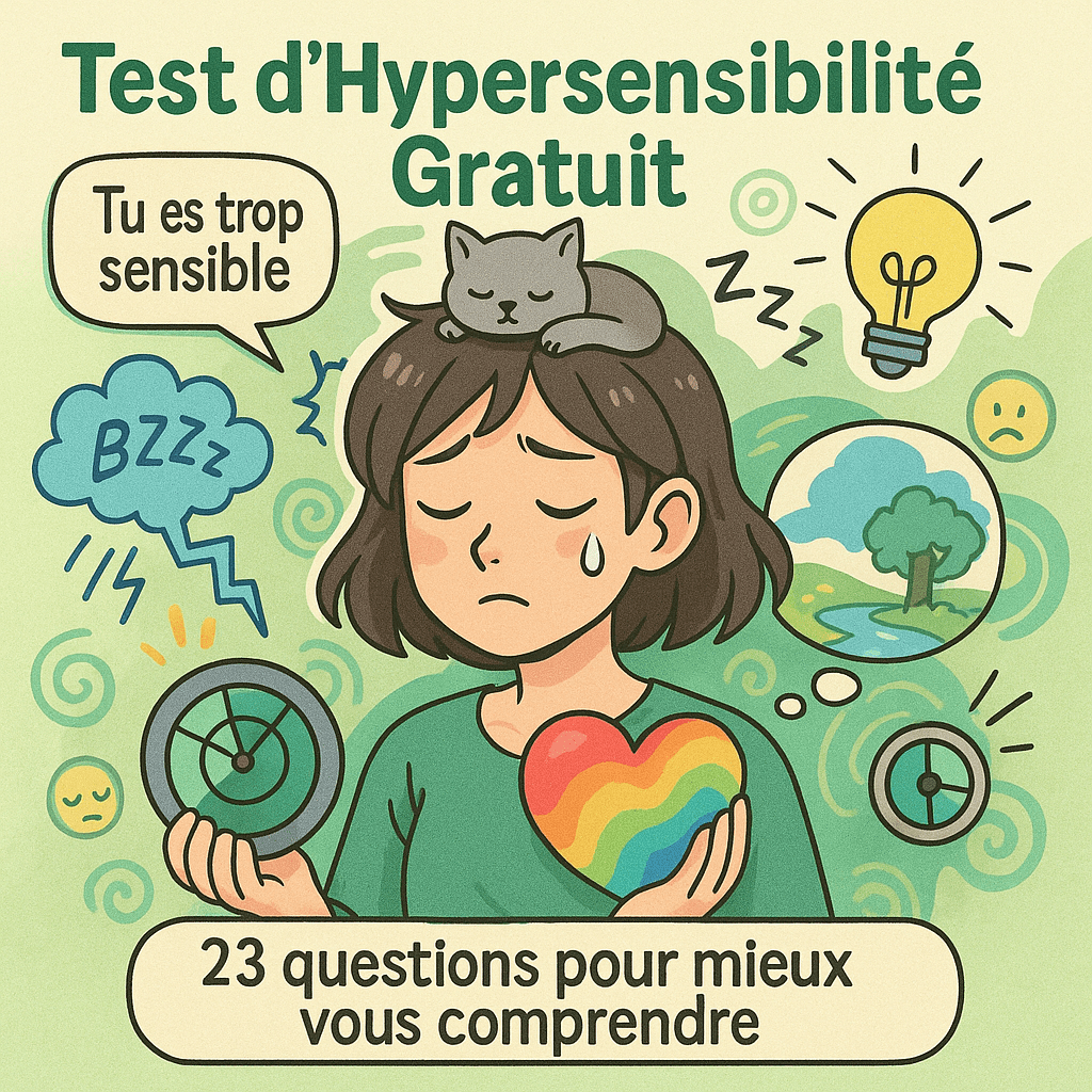 Test hypersensibilité gratuit : suis-je hypersensible ? 2 Illustration d'une femme hypersensible entourée de stimuli sensoriels, tenant une sphère lumineuse représentant sa surcharge émotionnelle — test d'hypersensibilité gratuit