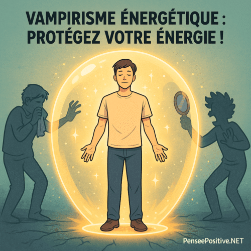 Un homme debout dans une bulle de lumière protectrice, entouré de figures sombres représentant des vampires énergétiques, avec le texte “Vampirisme énergétique : protégez votre énergie !”