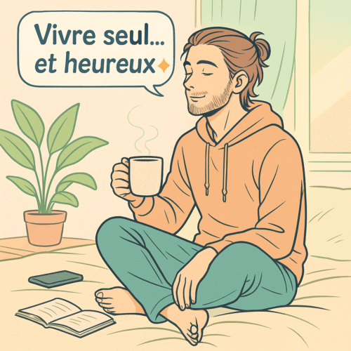 🧭 Vivre seul et heureux : 12 clés pour S'épanouir en solo 24 un homme détendu assis au bord de son lit, tenant une tasse dans un intérieur lumineux et apaisant – image symbolique pour l’article “vivre seul et heureux”