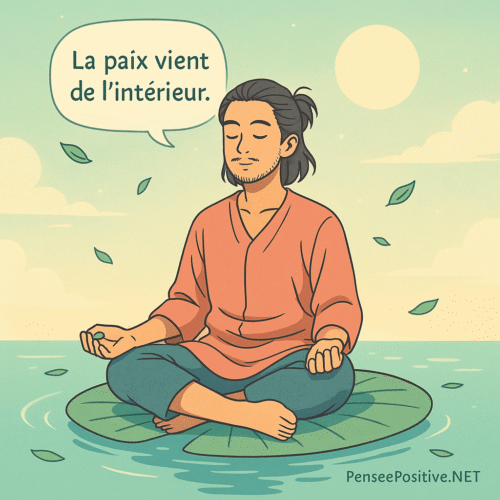 🌿 70 Citations Positives Zen pour Cultiver la Paix Intérieure 3 Illustration zen d’un homme méditant sur un nénuphar, yeux fermés, entouré de feuilles et de lumière douce, avec la citation 'La paix vient de l’intérieur' — image inspirée des citations positives zen