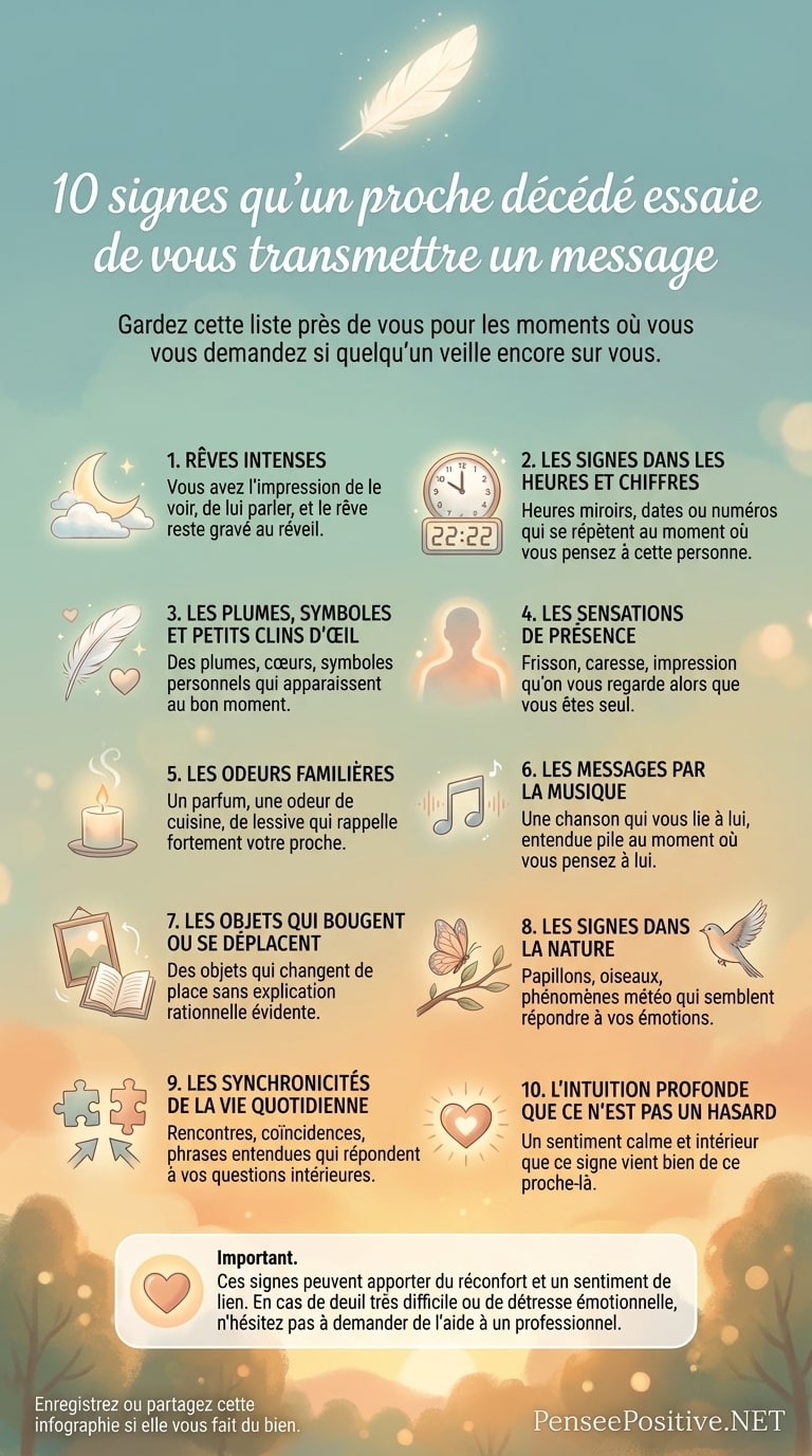 10 signes qu’un proche décédé essaye de vous transmettre un message 3 Infographie douce aux couleurs pastel présentant 10 signes qu’un proche décédé essaie de vous transmettre un message