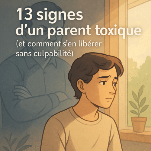 n adulte pensif devant une fenêtre, avec la silhouette floue d’un parent toxique en arrière-plan, accompagnée du texte '13 signes d’un parent toxique (et comment s’en libérer sans culpabilité)'.