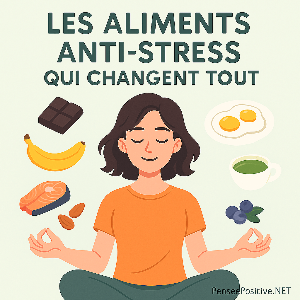 Les Aliments Anti-Stress Que Vous Devriez Manger (Avant de Craquer Pour de Bon) 21 Une femme détendue en méditation, entourée d’aliments anti-stress comme le chocolat noir, la banane, le saumon, les amandes, les myrtilles et une tasse de thé vert