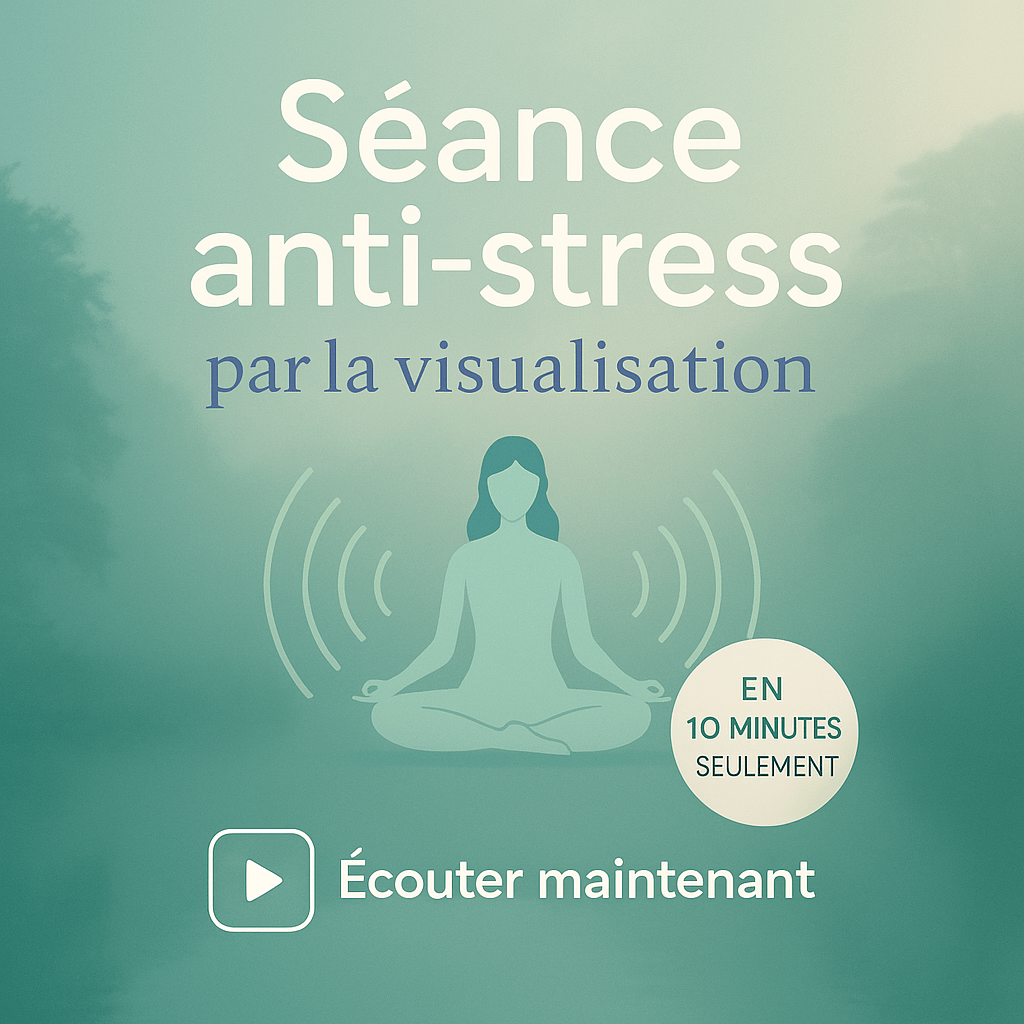 audio-antistress-gratuit-min "Visuel de la séance audio anti-stress par la visualisation — écoute guidée de 10 minutes pour se détendre rapidement. Illustration moderne avec une silhouette en méditation sur fond vert apaisant, bouton Écouter maintenant