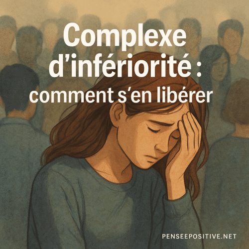 Complexe d’infériorité : comment le reconnaître, le comprendre… et surtout s’en libérer 2 Une femme isolée au milieu d’une foule floue, exprimant le doute et la tristesse, avec le texte "Complexe d’infériorité : comment s’en libérer"