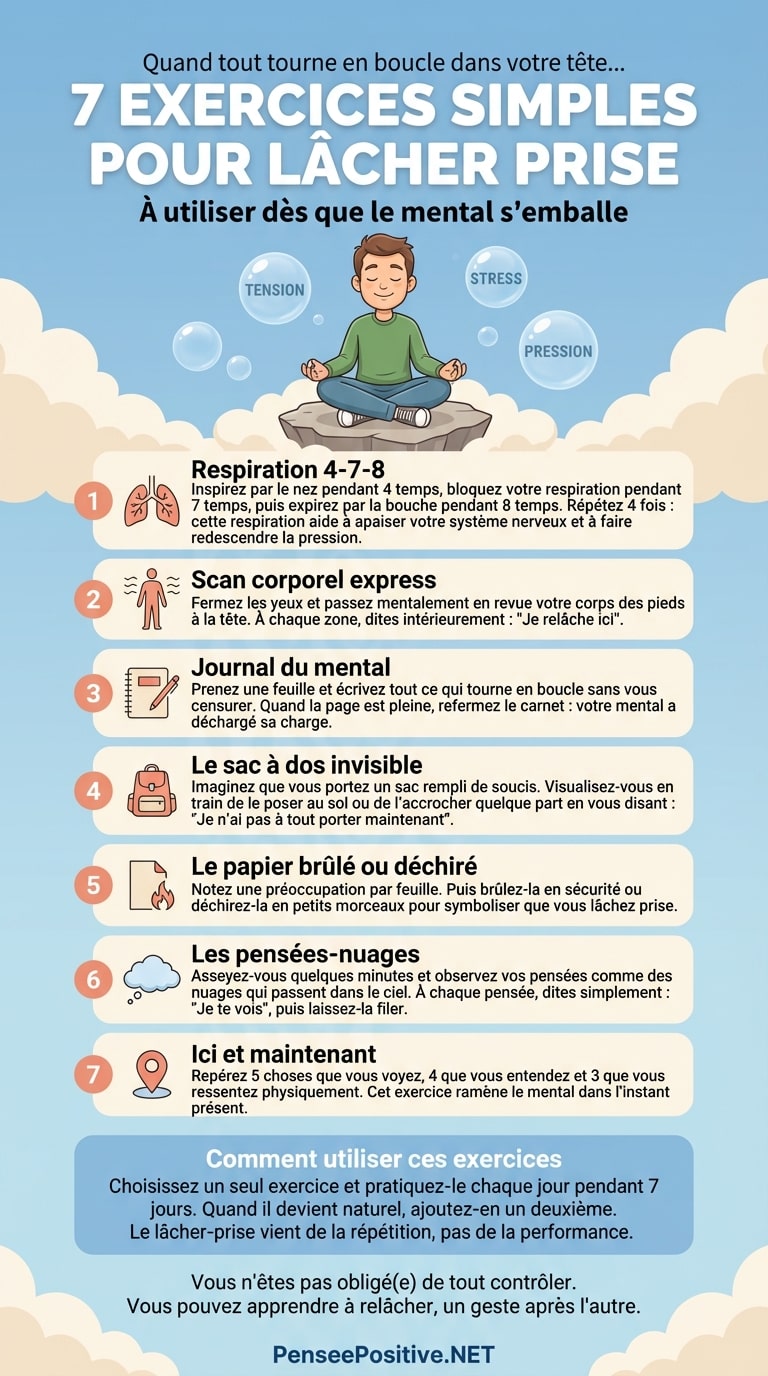 Ces 12 Exercices pour Lâcher Prise Peuvent Changer Votre Vie (Et Ils Prennent Moins de 5 Minutes) 3 Infographie des 7 exercices pour lâcher prise, avec un homme assis en méditation sur un rocher flottant dans le ciel et des bulles représentant le stress, la tension et la pression
