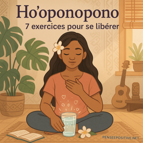 Femme polynésienne assise en tailleur, pratiquant Ho’oponopono avec un verre d’eau lumineux, dans une pièce au style hawaïen, entourée de plantes, carnet, ukulélé et lumière douce – illustration représentant les exercices Ho’oponopono pour se libérer des émotions négatives