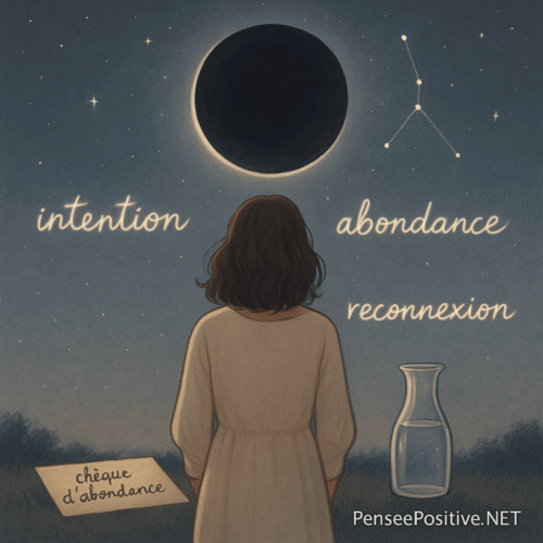 Illustration semi-réaliste d'une femme de dos contemplant une nouvelle lune dans un ciel étoilé avec la constellation du Cancer, entourée de mots comme intention, abondance et reconnexion, un chèque d'abondance et une carafe d'eau posés à ses pieds – rituel spirituel de la nouvelle lune du 25 juin 2025.