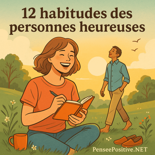 Personnes heureuses : ce qu’elles font (vraiment) différemment pour l’être chaque jour 20 une femme souriante écrivant dans un carnet de gratitude, assise dans la nature, avec un homme marchant pieds nus au coucher du soleil – symbolisant les habitudes des personnes heureuses