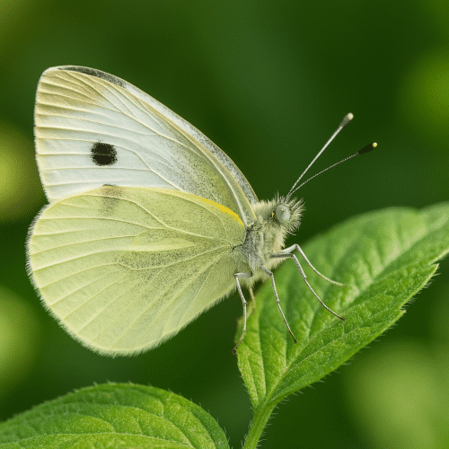 Papillon signification spirituelle : que veut vous dire l'univers ? 4 La piéride de la rave (Pieris rapae), un papillon blanc aux ailes légèrement teintées de jaune avec une tache noire sur l’aile, posé sur une feuille verte – espèce commune en France au symbolisme doux et discret
