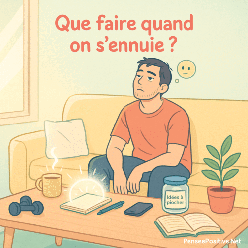 Que faire quand on s’ennuie ? 101 idées classées par envie 20 Homme assis sur un canapé, l’air ennuyé, entouré d’objets comme un carnet, un bocal à idées, un livre et une tasse – illustration style comic pour l’article Que faire quand on s’ennuie sur PenseePositive.NET