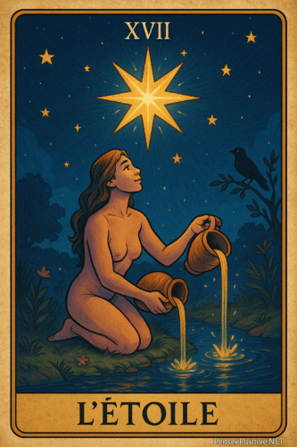 17h17 : signification, message caché et ce que ça veut dire pour vous 5 Arcane XVII du Tarot — L’Étoile : carte illustrée, femme versant deux amphores sous une grande étoile dorée, symbole d’espoir et de guidance spirituelle