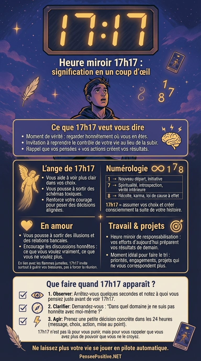 17h17 : signification, message caché et ce que ça veut dire pour vous 3 Infographie sur la signification de l’heure miroir 17h17, avec un jeune homme regardant un cadran lumineux 17:17, un ange, des symboles de numérologie et un résumé des messages spirituels et actions à poser