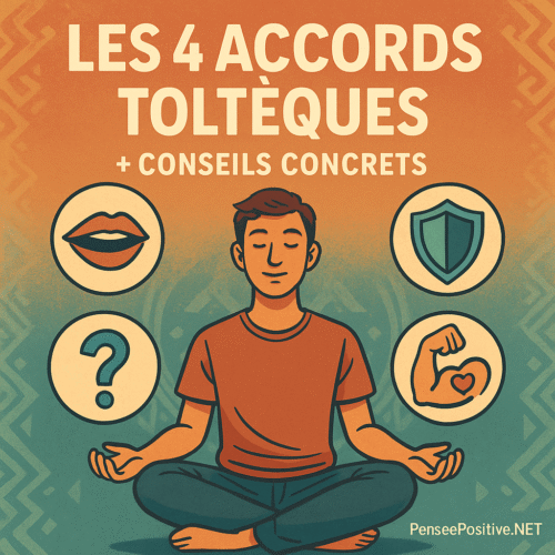 Les 4 accords toltèques : le résumé ultra-pratique 13 Image représentant les 4 accords toltèques résumé visuellement : une personne en méditation entourée de quatre symboles illustrant chaque accord, avec le texte 'Les 4 accords toltèques + conseils concrets' sur fond coloré inspiré de l’univers toltèque.